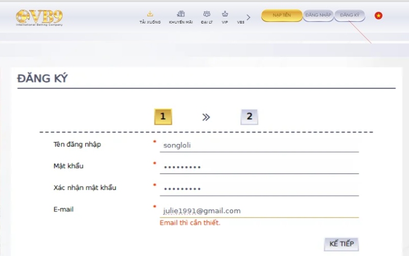 Đăng ký 2 Click ô đăng ký, giao diện mới hiện ra