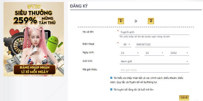Đăng ký 3 Điền đẩy đủ thông tin như biểu mẫu tạo tài khoản